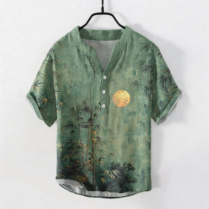 Buddha Stones Camicia da uomo a maniche corte con bottoni a mezzo bottone, stampata in cotone con motivo bambù e luna dorata. - Verde mare - US/UK/AU50, EU60 (5XL) - image 0