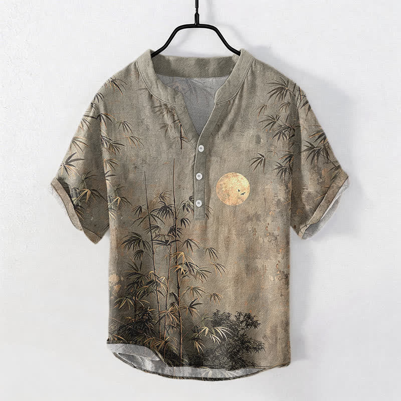 Buddha Stones Camicia da uomo a maniche corte con bottoni a mezzo bottone, stampata in cotone con motivo bambù e luna dorata. - Grigio scuro - US/UK/AU50, EU60 (5XL) - image 5