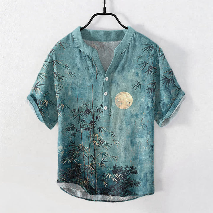 Buddha Stones Camicia da uomo a maniche corte con bottoni a mezzo bottone, stampata in cotone con motivo bambù e luna dorata. - Verde acqua - US/UK/AU50, EU60 (5XL) - image 7