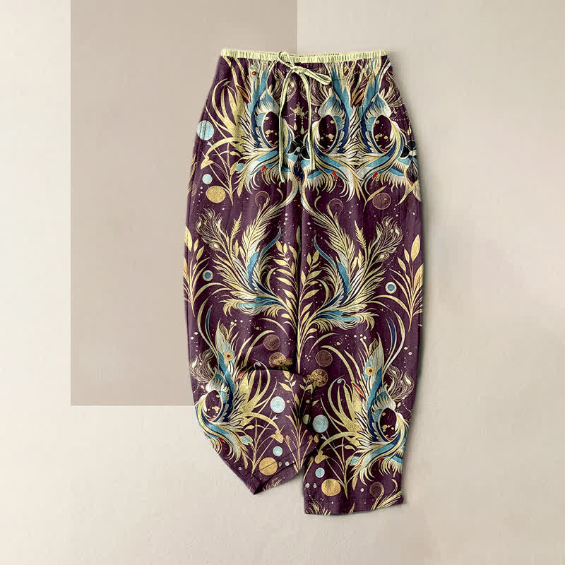 Buddha Stones Pantaloni da donna in puro cotone con elastico in vita e tasche, fantasia a pois con piume di pavone. - Viola scuro - US16, UK/AU20, EU48 (3XL) - image 0