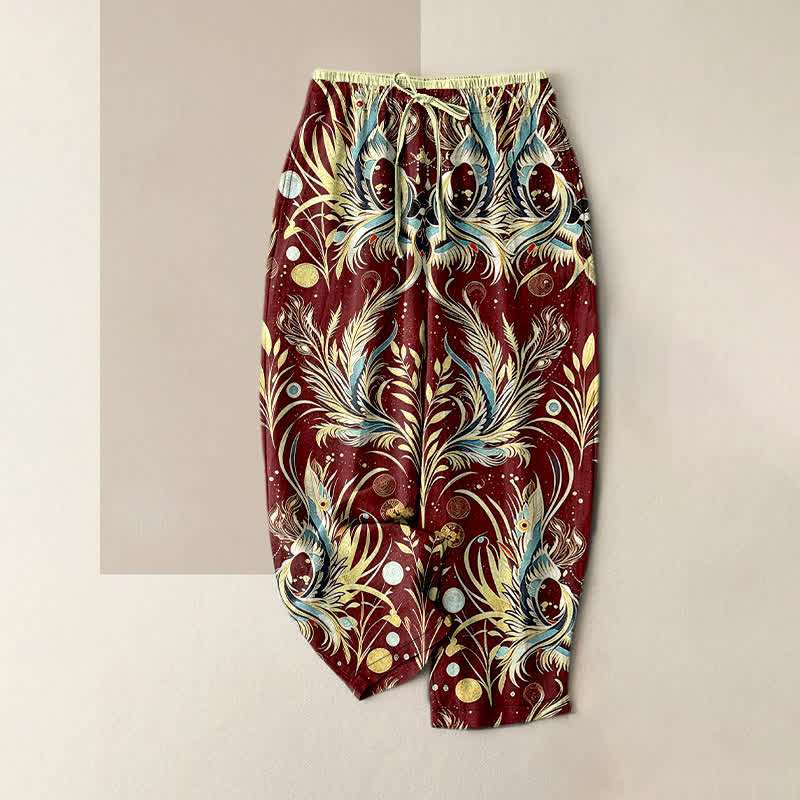 Buddha Stones Pantaloni da donna in puro cotone con elastico in vita e tasche, fantasia a pois con piume di pavone. - Marrone - US16, UK/AU20, EU48 (3XL) - image 4