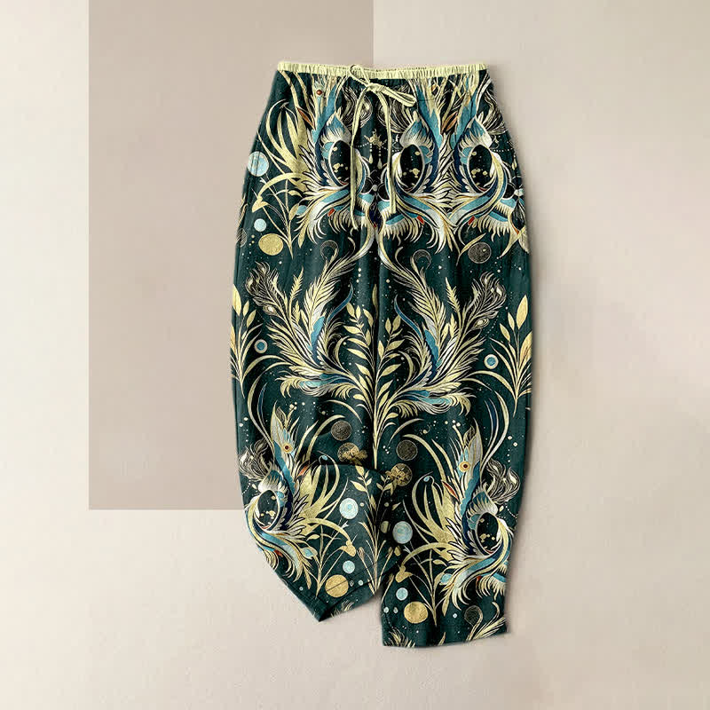 Buddha Stones Pantaloni da donna in puro cotone con elastico in vita e tasche, fantasia a pois con piume di pavone. - Verde scuro - US16, UK/AU20, EU48 (3XL) - image 5