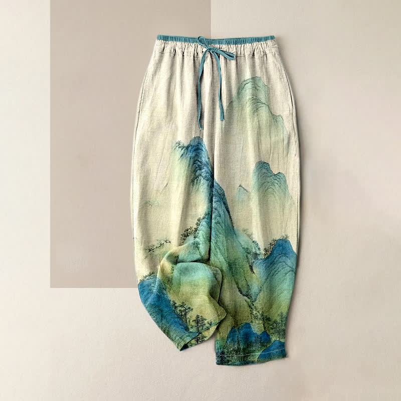 Buddha Stones Pantaloni da donna in puro cotone con stampa a montagna e vita elasticizzata, effetto inchiostro, con tasche. - Bianco antico - US16, UK/AU20, EU48 (3XL) - image 0