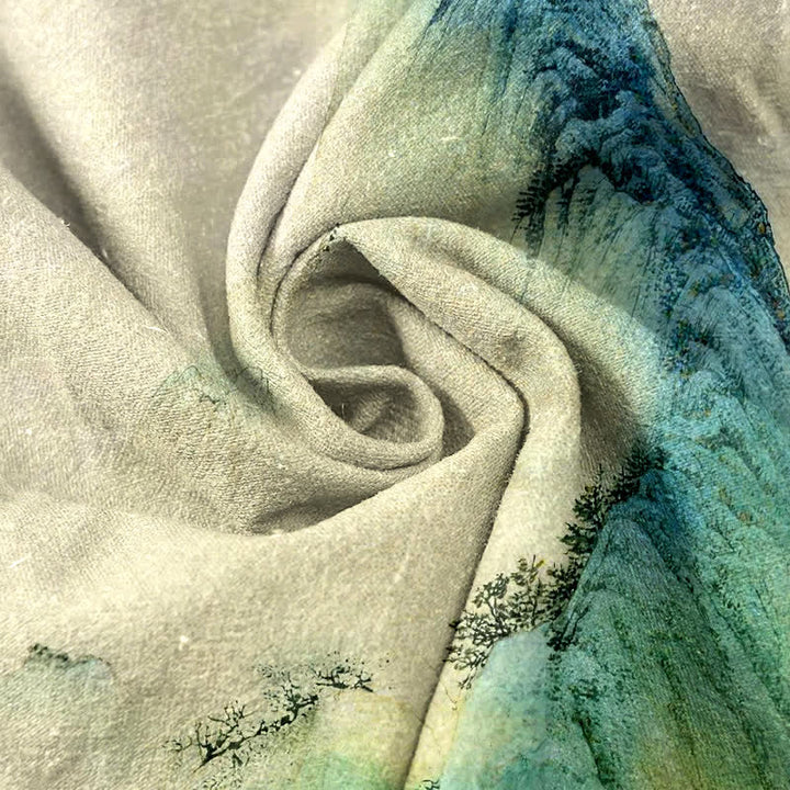 Buddha Stones Pantaloni da donna in puro cotone con stampa a montagna e vita elasticizzata, effetto inchiostro, con tasche. - image 2