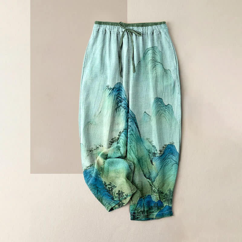 Buddha Stones Pantaloni da donna in puro cotone con stampa a montagna e vita elasticizzata, effetto inchiostro, con tasche. - Acquamarina - US16, UK/AU20, EU48 (3XL) - image 3