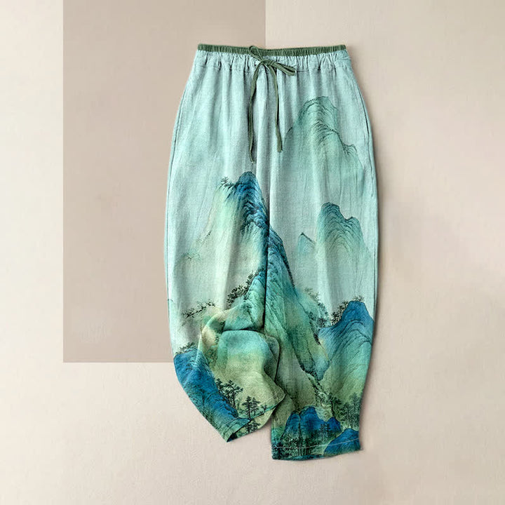 Buddha Stones Pantaloni da donna in puro cotone con stampa a montagna e vita elasticizzata, effetto inchiostro, con tasche. - Acquamarina - US16, UK/AU20, EU48 (3XL) - image 3