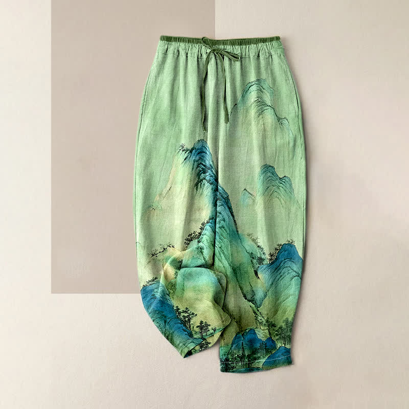 Buddha Stones Pantaloni da donna in puro cotone con stampa a montagna e vita elasticizzata, effetto inchiostro, con tasche. - Verde chiaro - US16, UK/AU20, EU48 (3XL) - image 4