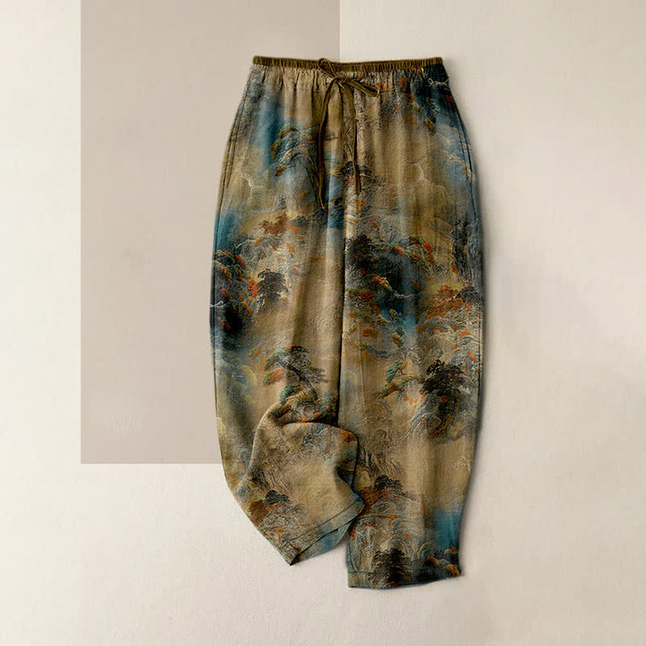Buddha Stones Pantaloni da donna in cotone lavato a inchiostro con motivo paesaggio montano e vita elasticizzata, con tasche. - Tan - US16, UK/AU20, EU48 (3XL) - image 0