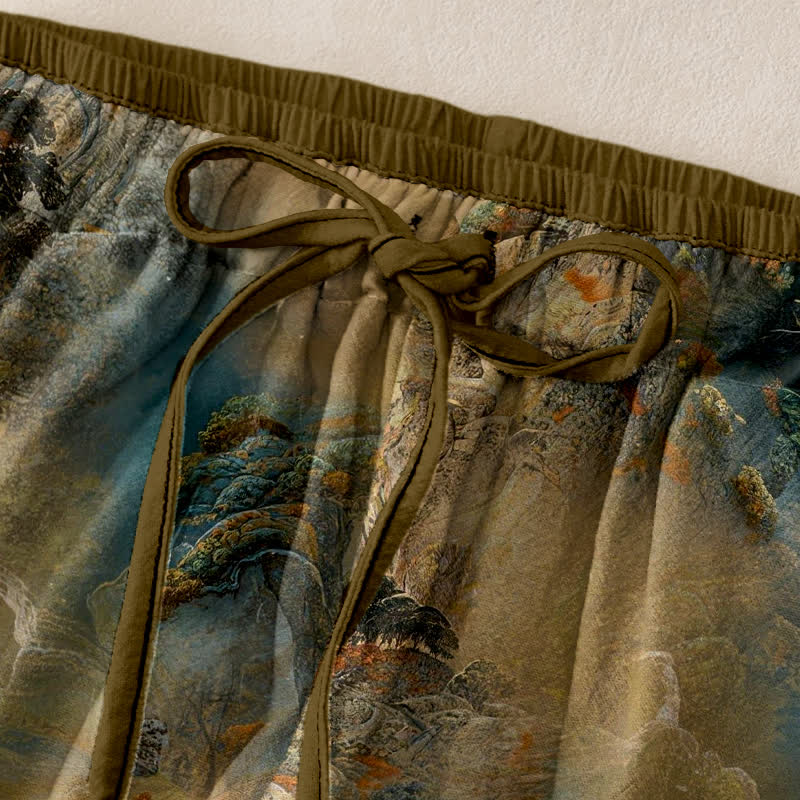 Buddha Stones Pantaloni da donna in cotone lavato a inchiostro con motivo paesaggio montano e vita elasticizzata, con tasche. - image 1