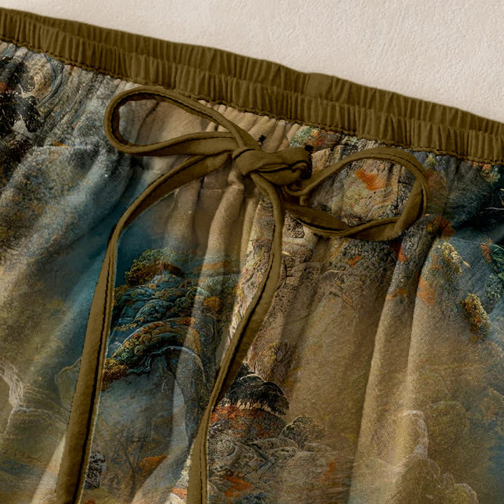 Buddha Stones Pantaloni da donna in cotone lavato a inchiostro con motivo paesaggio montano e vita elasticizzata, con tasche. - image 1