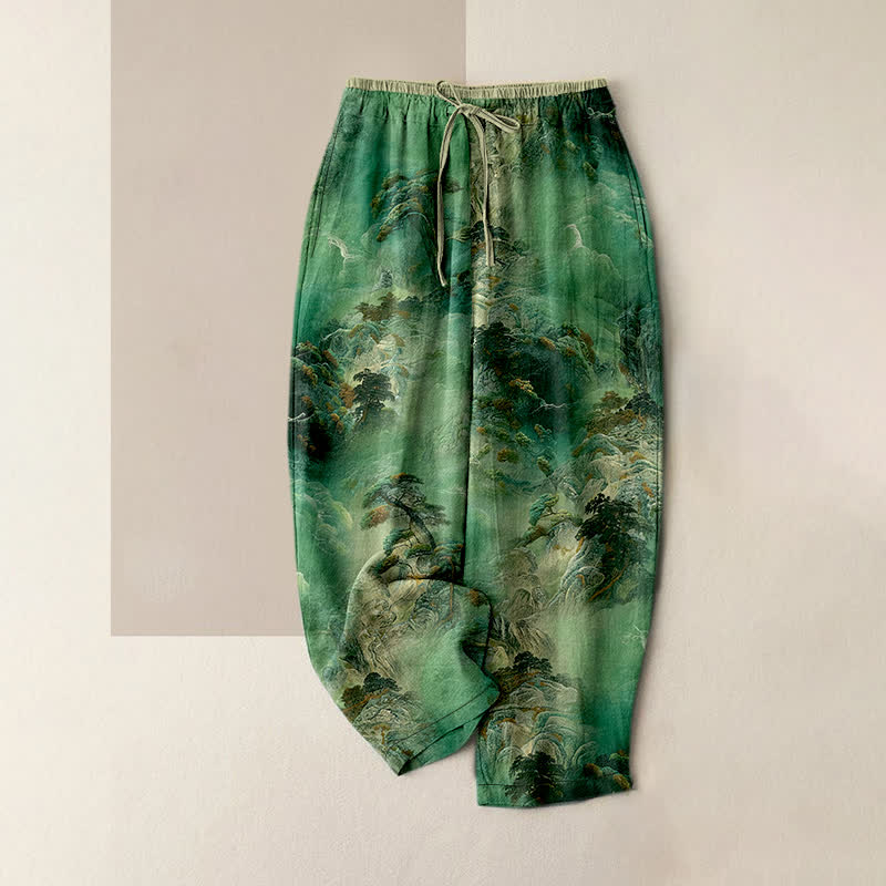 Buddha Stones Pantaloni da donna in cotone lavato a inchiostro con motivo paesaggio montano e vita elasticizzata, con tasche. - Verde mare - US16, UK/AU20, EU48 (3XL) - image 4