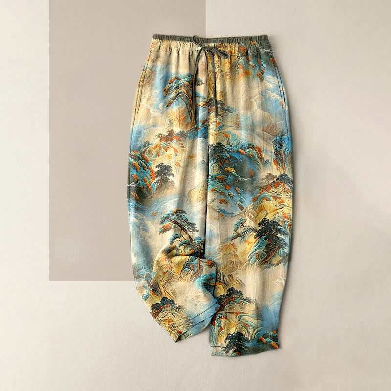 Buddha Stones Pantaloni da donna in cotone lavato a inchiostro con motivo paesaggio montano e vita elasticizzata, con tasche. - Beige - US16, UK/AU20, EU48 (3XL) - image 5