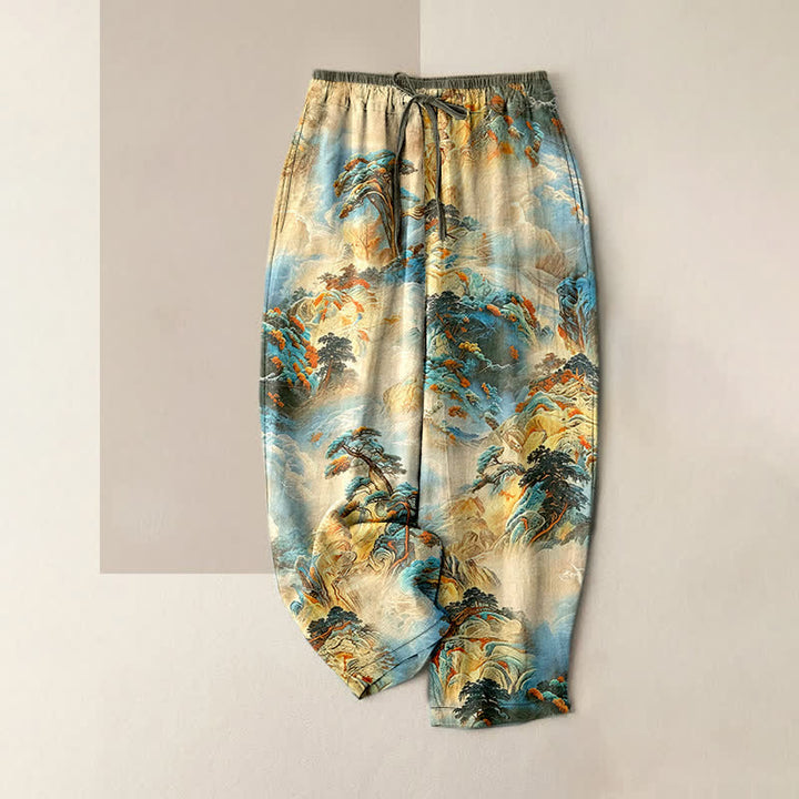 Buddha Stones Pantaloni da donna in cotone lavato a inchiostro con motivo paesaggio montano e vita elasticizzata, con tasche. - Beige - US16, UK/AU20, EU48 (3XL) - image 5