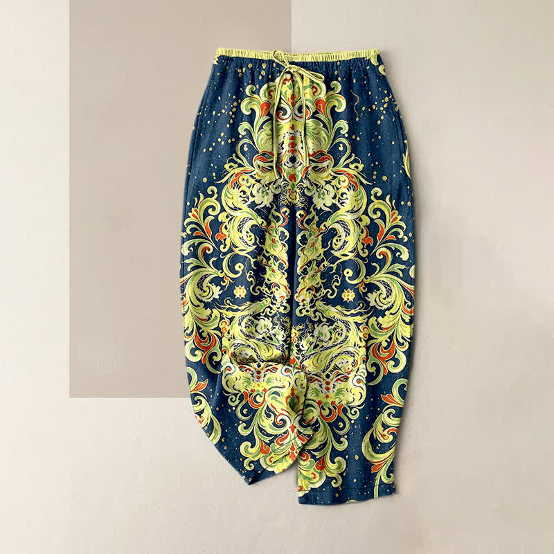 Buddha Stones Pantaloni da donna in puro cotone con vivace fantasia floreale paisley, elastico in vita e tasche. - Marina - US16, UK/AU20, EU48 (3XL) - image 0