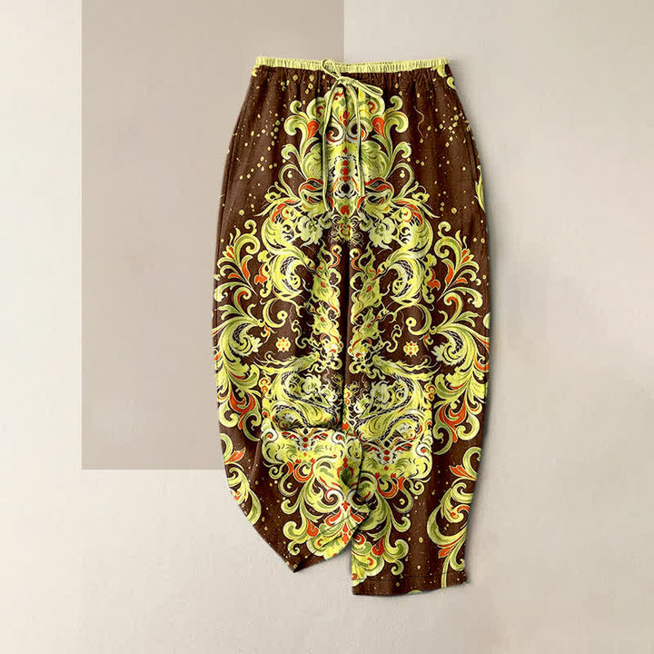 Buddha Stones Pantaloni da donna in puro cotone con vivace fantasia floreale paisley, elastico in vita e tasche. - Marrone sella - US16, UK/AU20, EU48 (3XL) - image 4