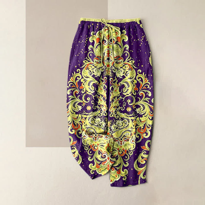 Buddha Stones Pantaloni da donna in puro cotone con vivace fantasia floreale paisley, elastico in vita e tasche. - Viola - US16, UK/AU20, EU48 (3XL) - image 5