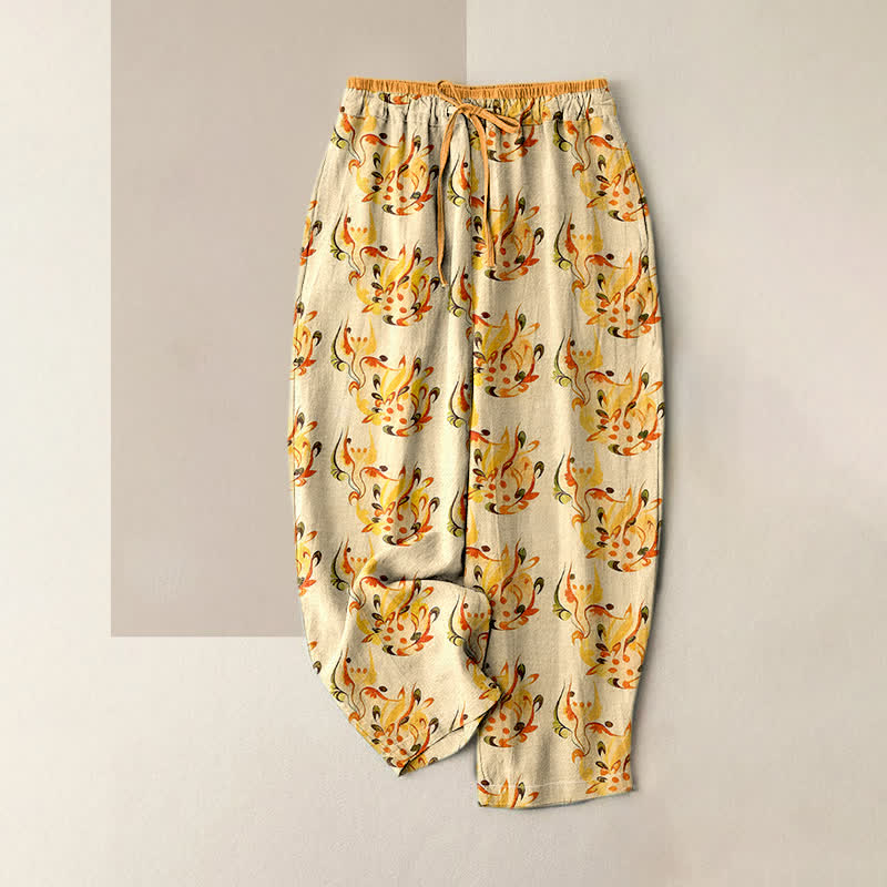 Buddha Stones Pantaloni da donna in puro cotone con elastico in vita e tasche, fantasia floreale astratta e solare. - Verga d'oro pallida - US16, UK/AU20, EU48 (3XL) - image 0