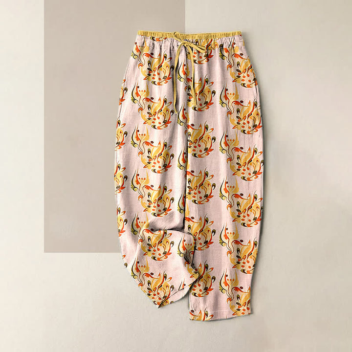 Buddha Stones Pantaloni da donna in puro cotone con elastico in vita e tasche, fantasia floreale astratta e solare. - Rosa chiaro - US16, UK/AU20, EU48 (3XL) - image 3