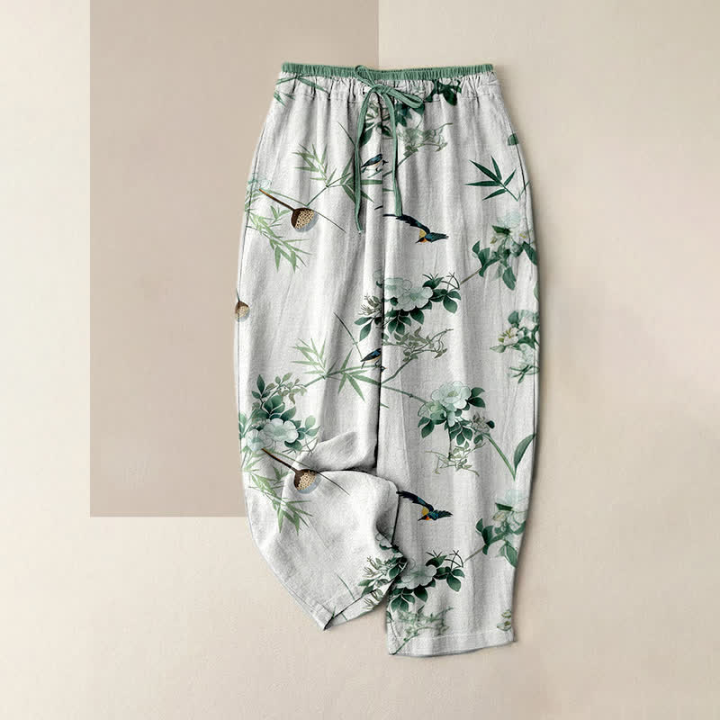 Buddha Stones Pantaloni da donna in puro cotone con elastico in vita e tasche, fantasia acquerello, bambù, fiori e uccelli. - Bianco - US16, UK/AU20, EU48 (3XL) - image 0