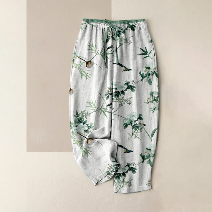 Buddha Stones Pantaloni da donna in puro cotone con elastico in vita e tasche, fantasia acquerello, bambù, fiori e uccelli. - Bianco - US16, UK/AU20, EU48 (3XL) - image 0