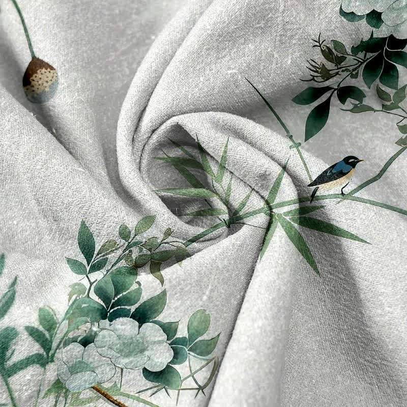 Buddha Stones Pantaloni da donna in puro cotone con elastico in vita e tasche, fantasia acquerello, bambù, fiori e uccelli. - image 2