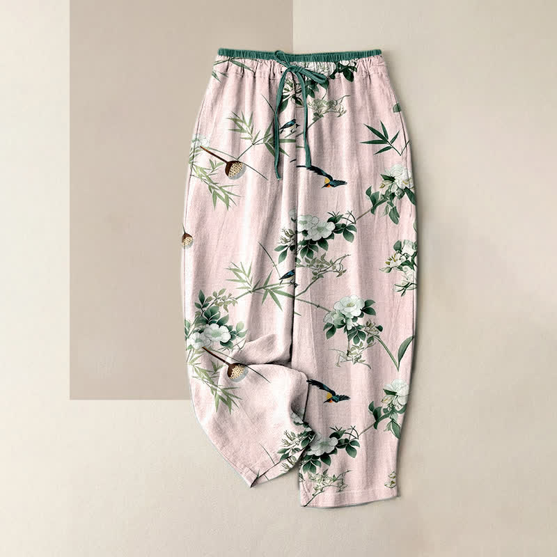 Buddha Stones Pantaloni da donna in puro cotone con elastico in vita e tasche, fantasia acquerello, bambù, fiori e uccelli. - Rosa chiaro - US16, UK/AU20, EU48 (3XL) - image 3