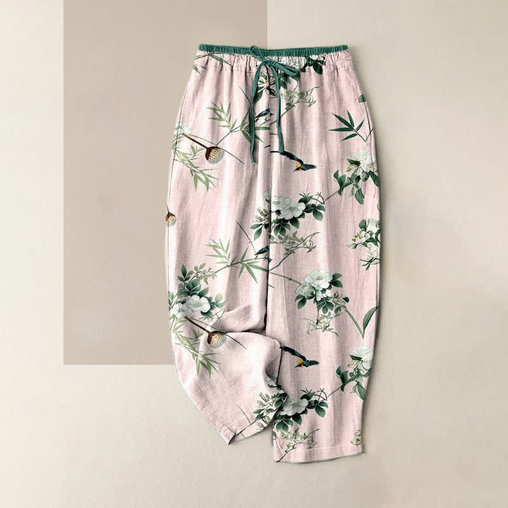 Buddha Stones Pantaloni da donna in puro cotone con elastico in vita e tasche, fantasia acquerello, bambù, fiori e uccelli. - Rosa chiaro - US16, UK/AU20, EU48 (3XL) - image 3