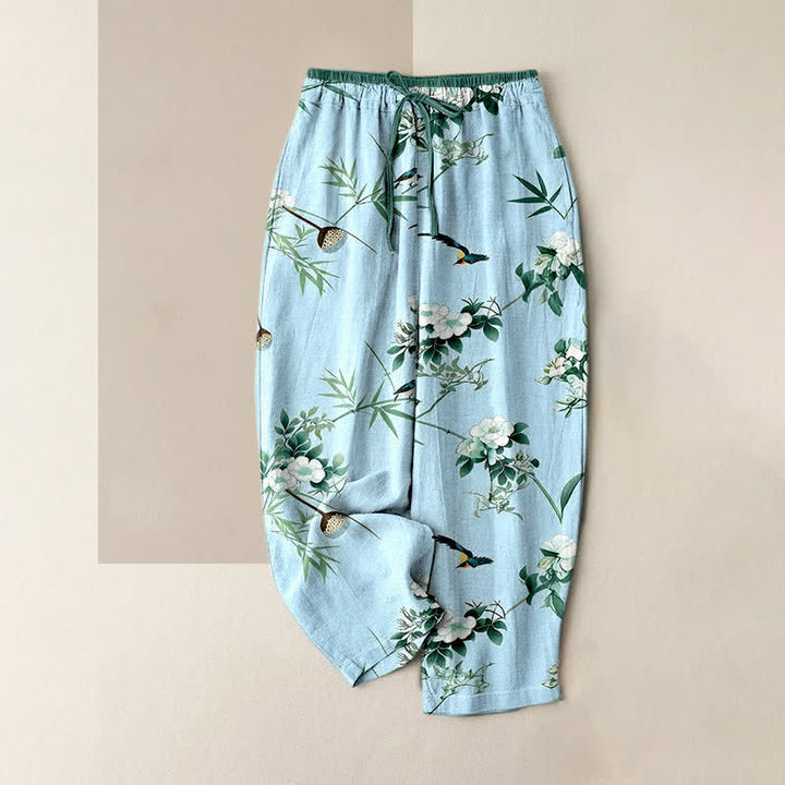 Buddha Stones Pantaloni da donna in puro cotone con elastico in vita e tasche, fantasia acquerello, bambù, fiori e uccelli. - Azzurro polvere - US16, UK/AU20, EU48 (3XL) - image 4