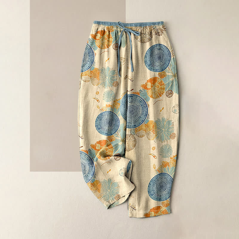 Buddha Stones Pantaloni da donna in puro cotone con elastico in vita e tasche, fantasia floreale arancione. - Beige - US16, UK/AU20, EU48 (3XL) - image 0