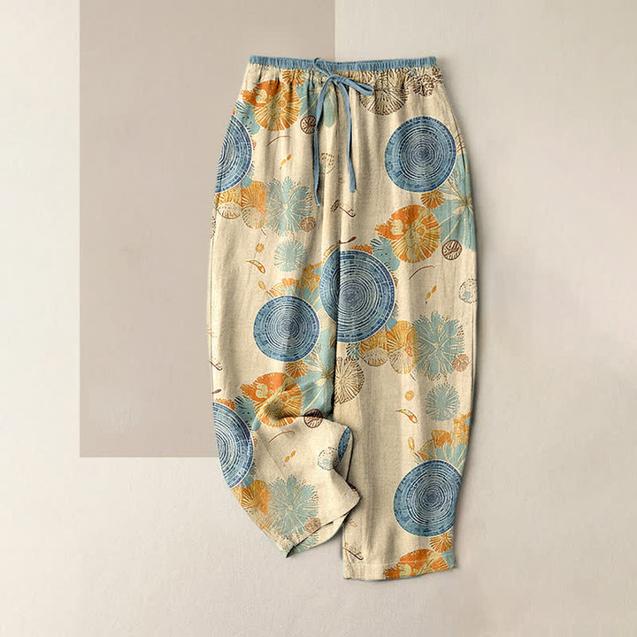 Buddha Stones Pantaloni da donna in puro cotone con elastico in vita e tasche, fantasia floreale arancione. - Beige - US16, UK/AU20, EU48 (3XL) - image 0