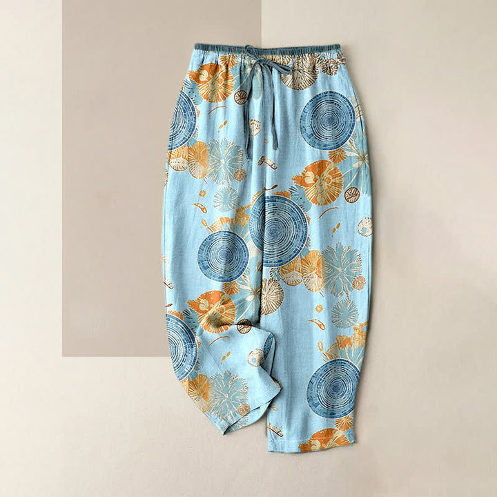 Buddha Stones Pantaloni da donna in puro cotone con elastico in vita e tasche, fantasia floreale arancione. - Azzurro chiaro - US16, UK/AU20, EU48 (3XL) - image 3