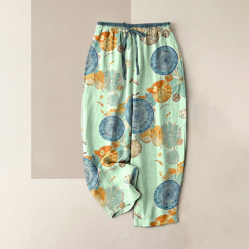 Buddha Stones Pantaloni da donna in puro cotone con elastico in vita e tasche, fantasia floreale arancione. - Acquamarina - US16, UK/AU20, EU48 (3XL) - image 4
