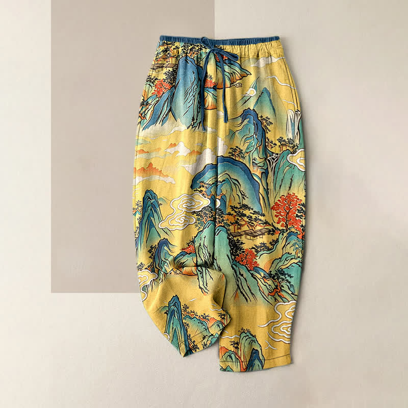 Buddha Stones Pantaloni da donna in puro cotone con elastico in vita e tasche, fantasia "Nebbia di montagna orientale". - Oro - US16, UK/AU20, EU48 (3XL) - image 0