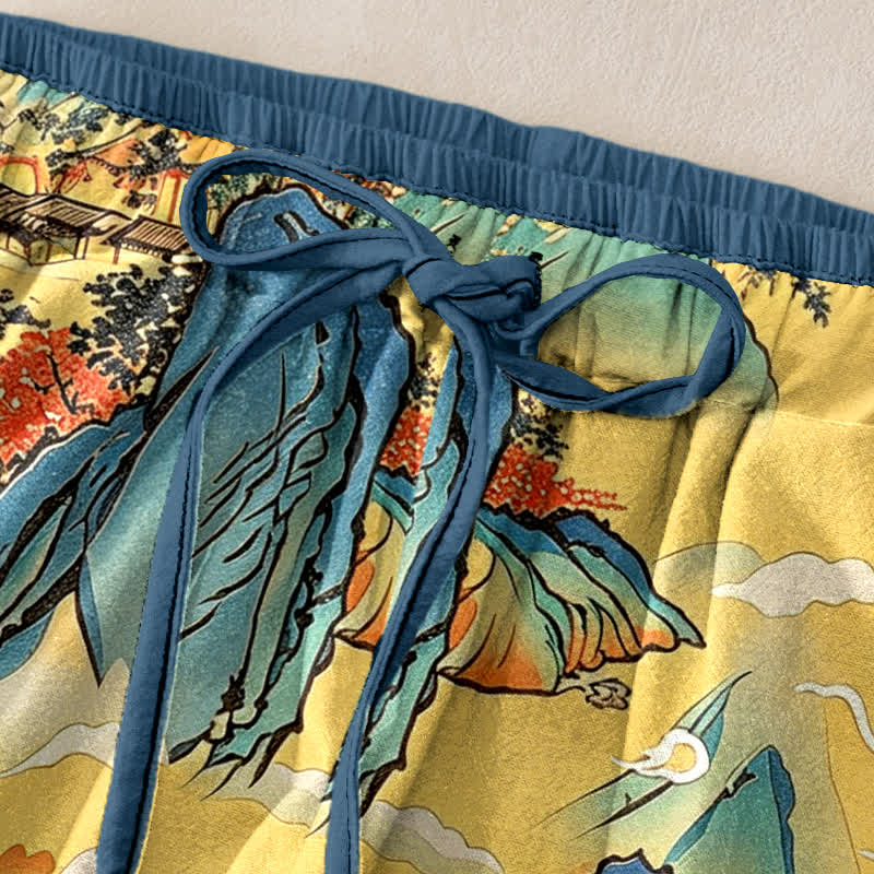 Buddha Stones Pantaloni da donna in puro cotone con elastico in vita e tasche, fantasia "Nebbia di montagna orientale". - image 1