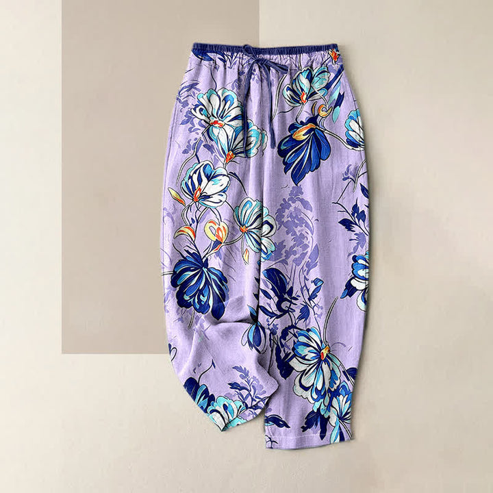 Buddha Stones Pantaloni da donna in puro cotone color indaco con elastico in vita e tasche, fantasia botanica floreale. - Lavanda - US16, UK/AU20, EU48 (3XL) - image 3