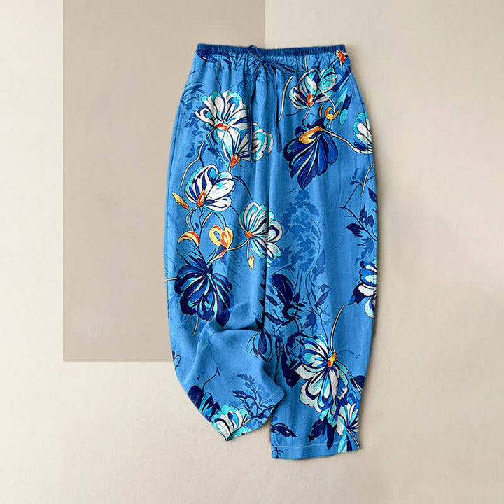 Buddha Stones Pantaloni da donna in puro cotone color indaco con elastico in vita e tasche, fantasia botanica floreale. - DodgerBlue - US16, UK/AU20, EU48 (3XL) - image 4