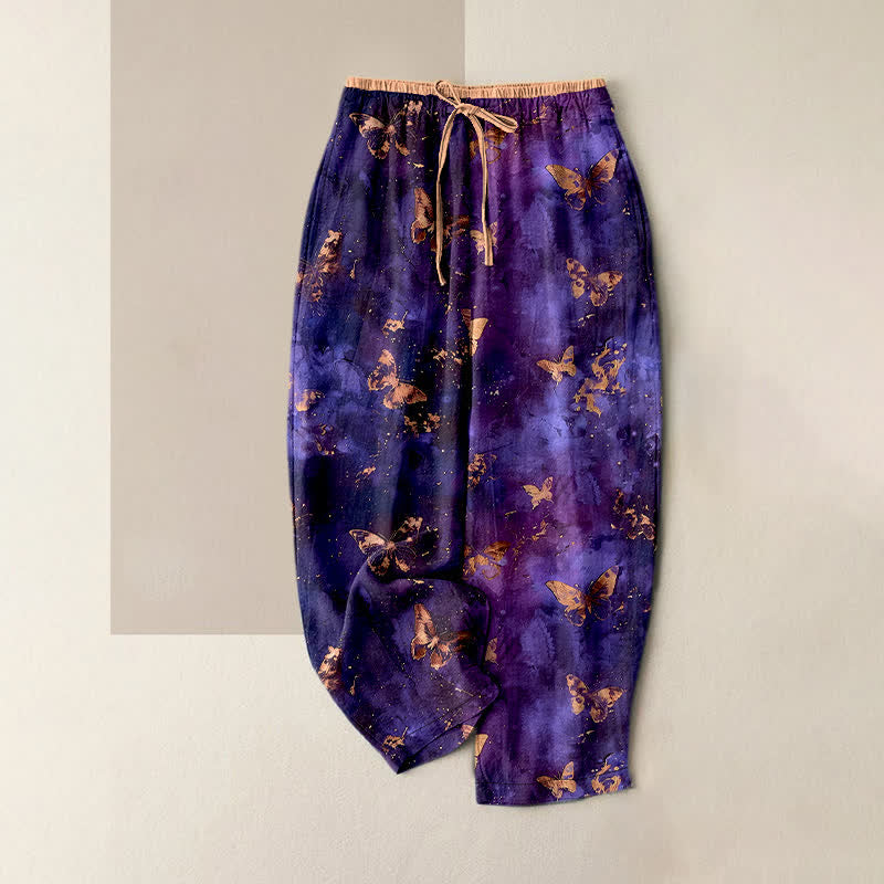 Buddha Stones Pantaloni harem da donna in puro cotone con motivo farfalla dorata e nebulosa, con elastico in vita. - Viola - US16, UK/AU20, EU48 (3XL) - image 0