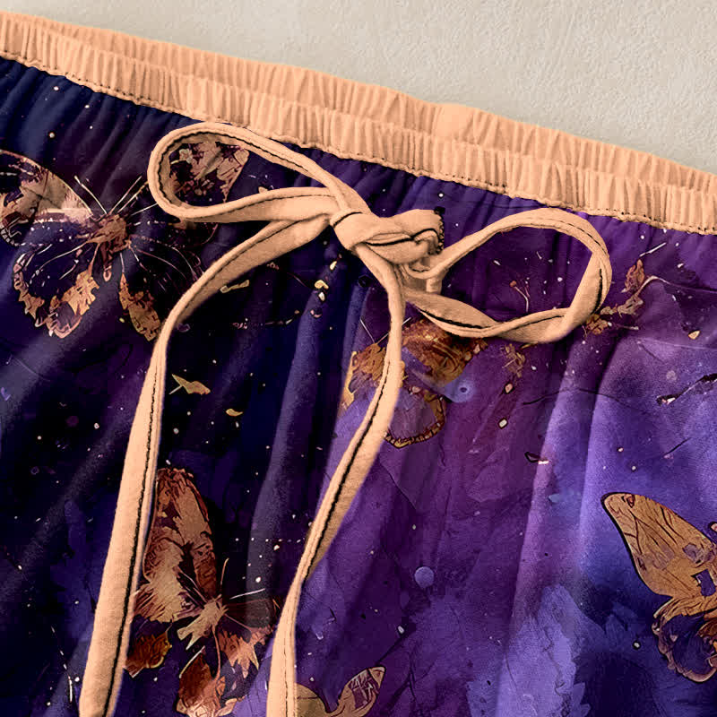 Buddha Stones Pantaloni harem da donna in puro cotone con motivo farfalla dorata e nebulosa, con elastico in vita. - image 1