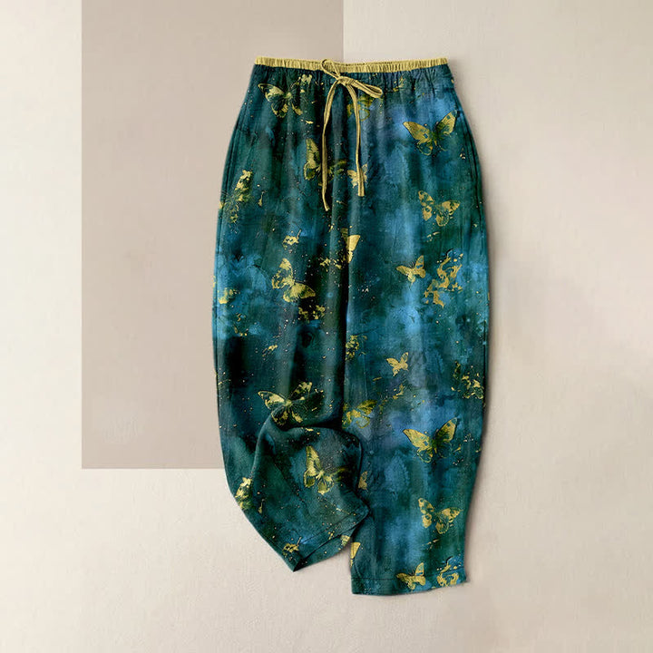 Buddha Stones Pantaloni harem da donna in puro cotone con motivo farfalla dorata e nebulosa, con elastico in vita. - Verde acqua - US16, UK/AU20, EU48 (3XL) - image 4