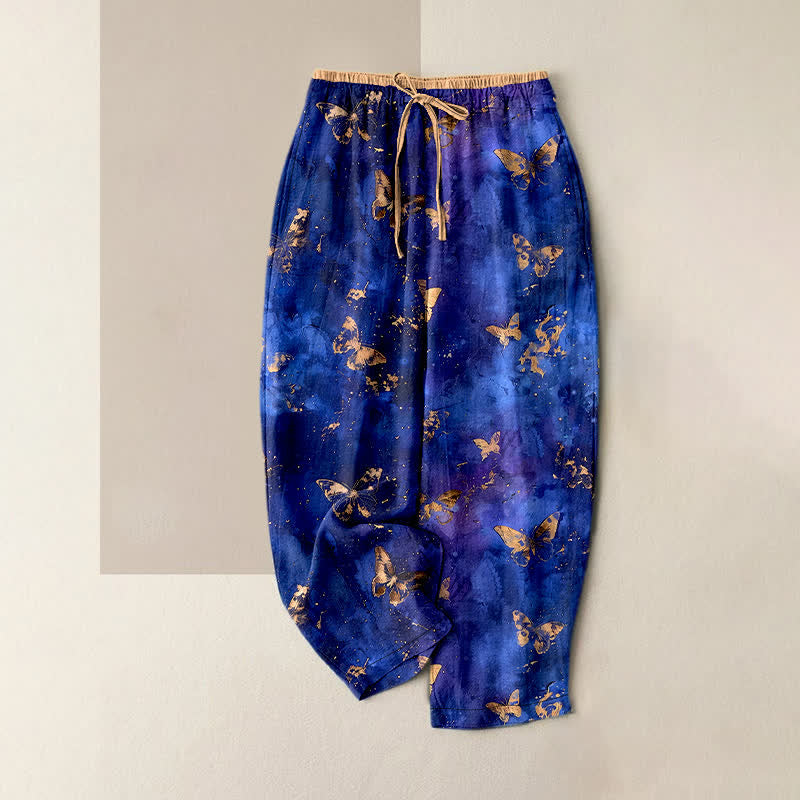 Buddha Stones Pantaloni harem da donna in puro cotone con motivo farfalla dorata e nebulosa, con elastico in vita. - Blu reale - US16, UK/AU20, EU48 (3XL) - image 5