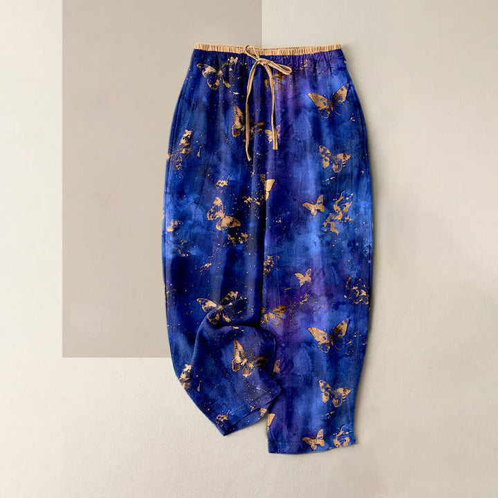 Buddha Stones Pantaloni harem da donna in puro cotone con motivo farfalla dorata e nebulosa, con elastico in vita. - Blu reale - US16, UK/AU20, EU48 (3XL) - image 5