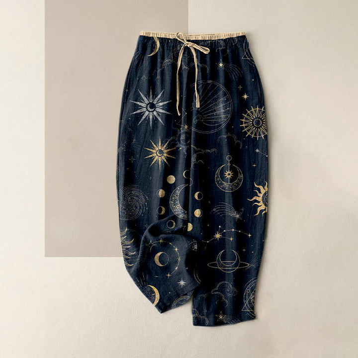 Buddha Stones Pantaloni da donna in puro cotone con elastico in vita e tasche, fantasia celeste sole, luna e stelle. - Blu notte - US16, UK/AU20, EU48 (3XL) - image 0