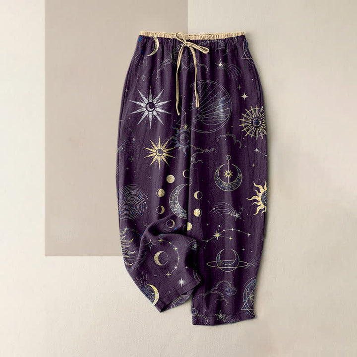 Buddha Stones Pantaloni da donna in puro cotone con elastico in vita e tasche, fantasia celeste sole, luna e stelle. - Viola scuro - US16, UK/AU20, EU48 (3XL) - image 5
