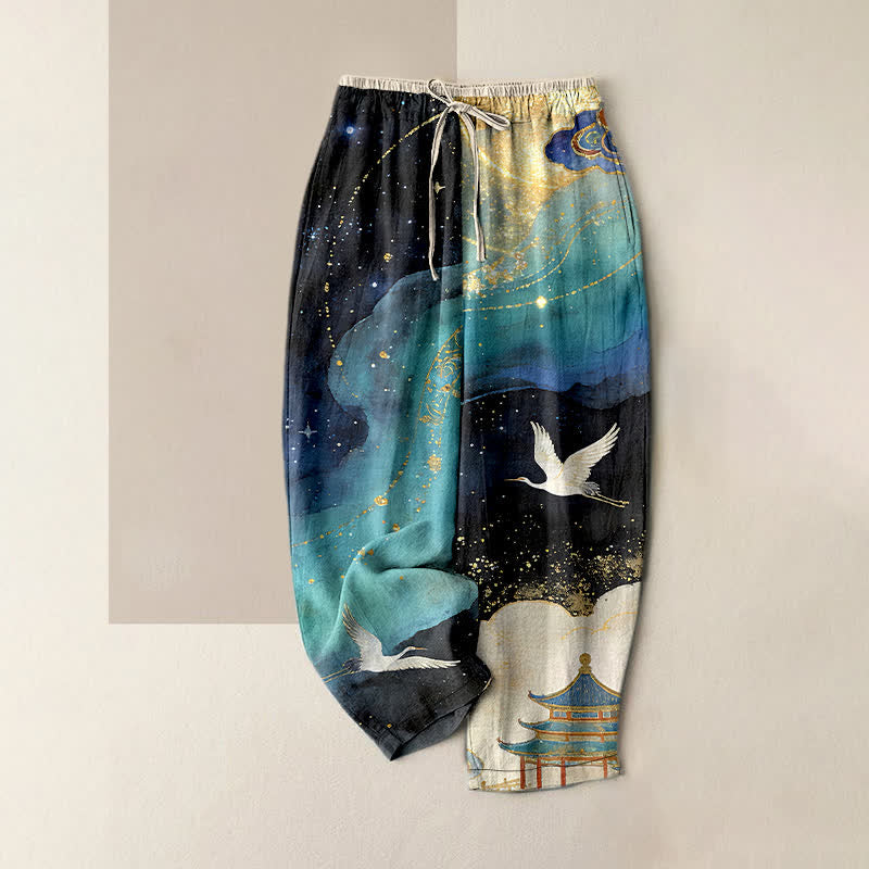 Buddha Stones Pantaloni da donna in puro cotone con elastico in vita e tasche, fantasia ad acquerello di gru orientali. - Turchese - US16, UK/AU20, EU48 (3XL) - image 0