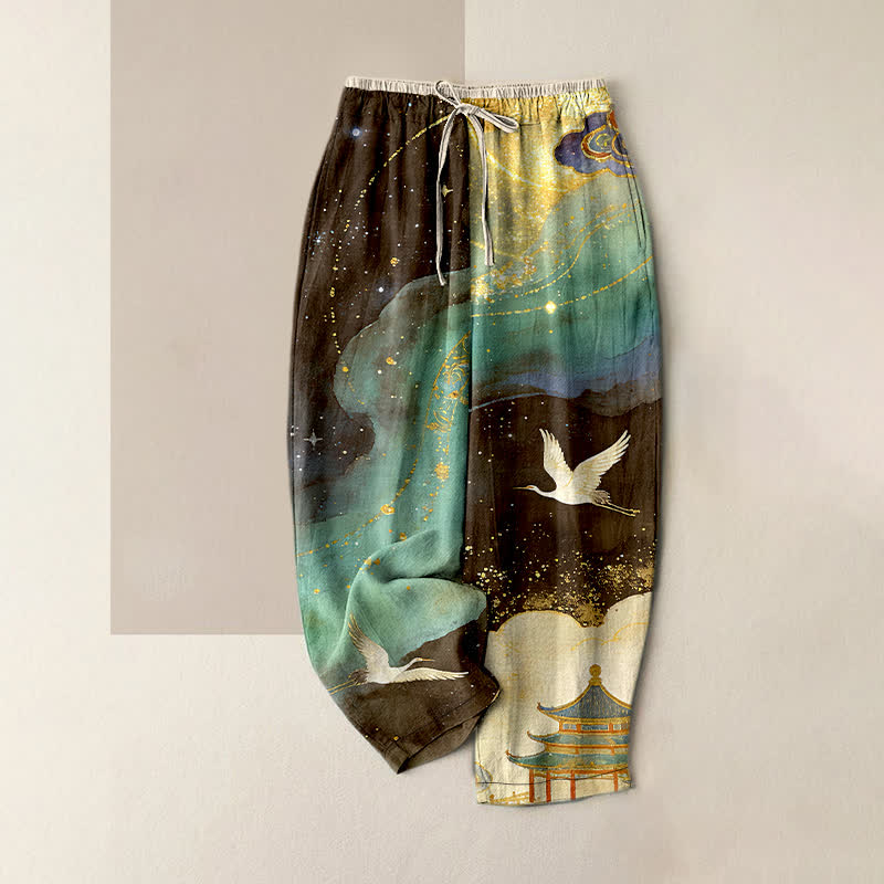 Buddha Stones Pantaloni da donna in puro cotone con elastico in vita e tasche, fantasia ad acquerello di gru orientali. - Acquamarina media - US16, UK/AU20, EU48 (3XL) - image 5
