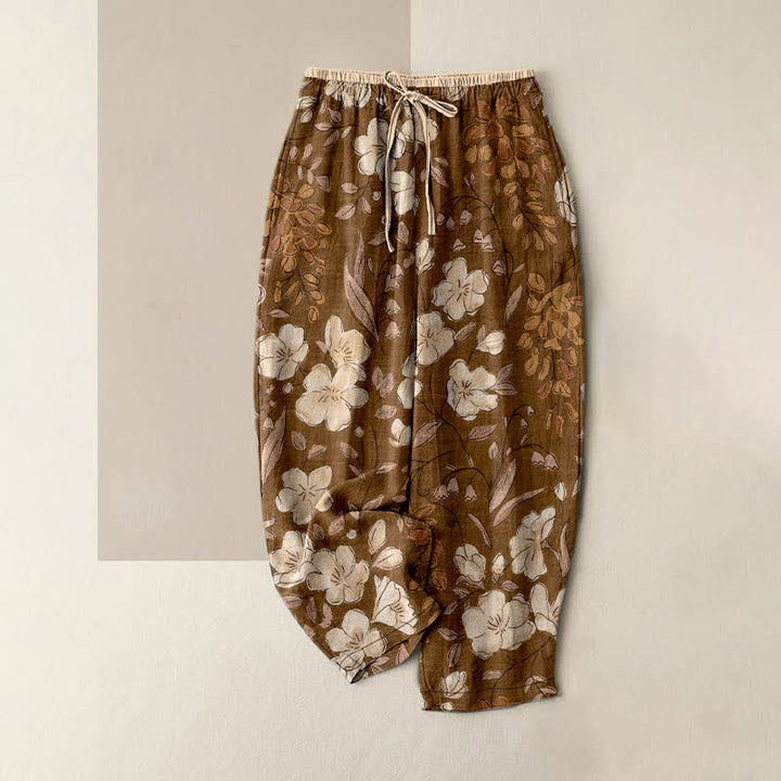 Buddha Stones Pantaloni da donna in puro cotone con fantasia floreale e vita elasticizzata, dotati di tasche. - Siena - US16, UK/AU20, EU48 (3XL) - image 0