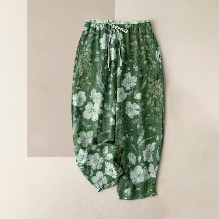 Buddha Stones Pantaloni da donna in puro cotone con fantasia floreale e vita elasticizzata, dotati di tasche. - Verde mare - US16, UK/AU20, EU48 (3XL) - image 4
