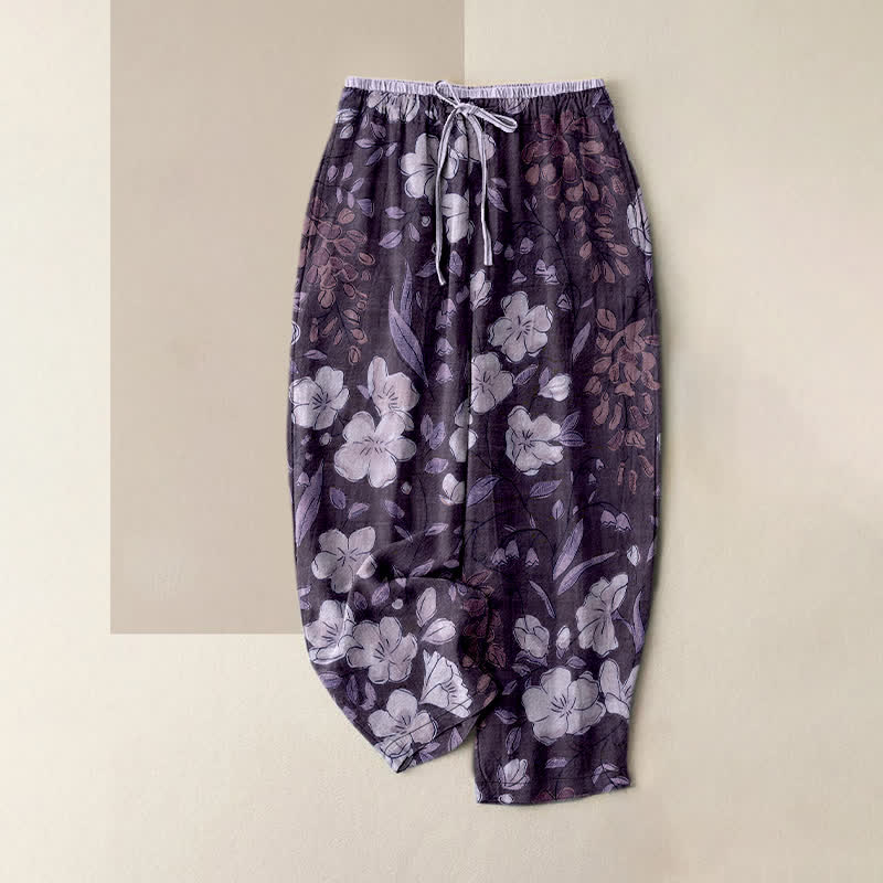 Buddha Stones Pantaloni da donna in puro cotone con fantasia floreale e vita elasticizzata, dotati di tasche. - Viola - US16, UK/AU20, EU48 (3XL) - image 5