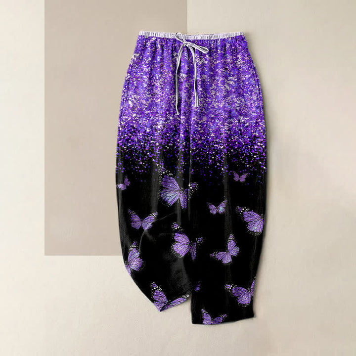 Buddha Stones Pantaloni da donna in puro cotone con elastico in vita e motivo a farfalle sfumate, con tasche. - BluViola - US16, UK/AU20, EU48 (3XL) - image 0