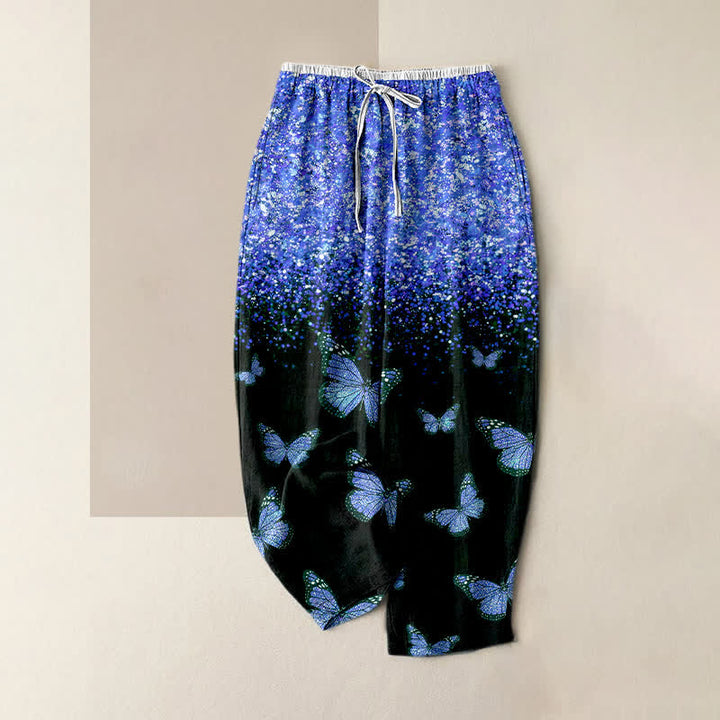 Buddha Stones Pantaloni da donna in puro cotone con elastico in vita e motivo a farfalle sfumate, con tasche. - Blu reale - US16, UK/AU20, EU48 (3XL) - image 4